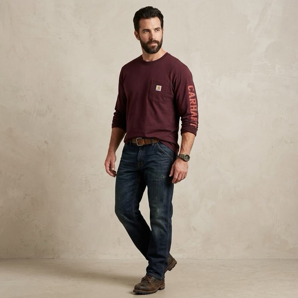Carhartt Men’s M Loose Fit Burgundy Crew Neck Long Sleeve Pocket T-Shirt L62